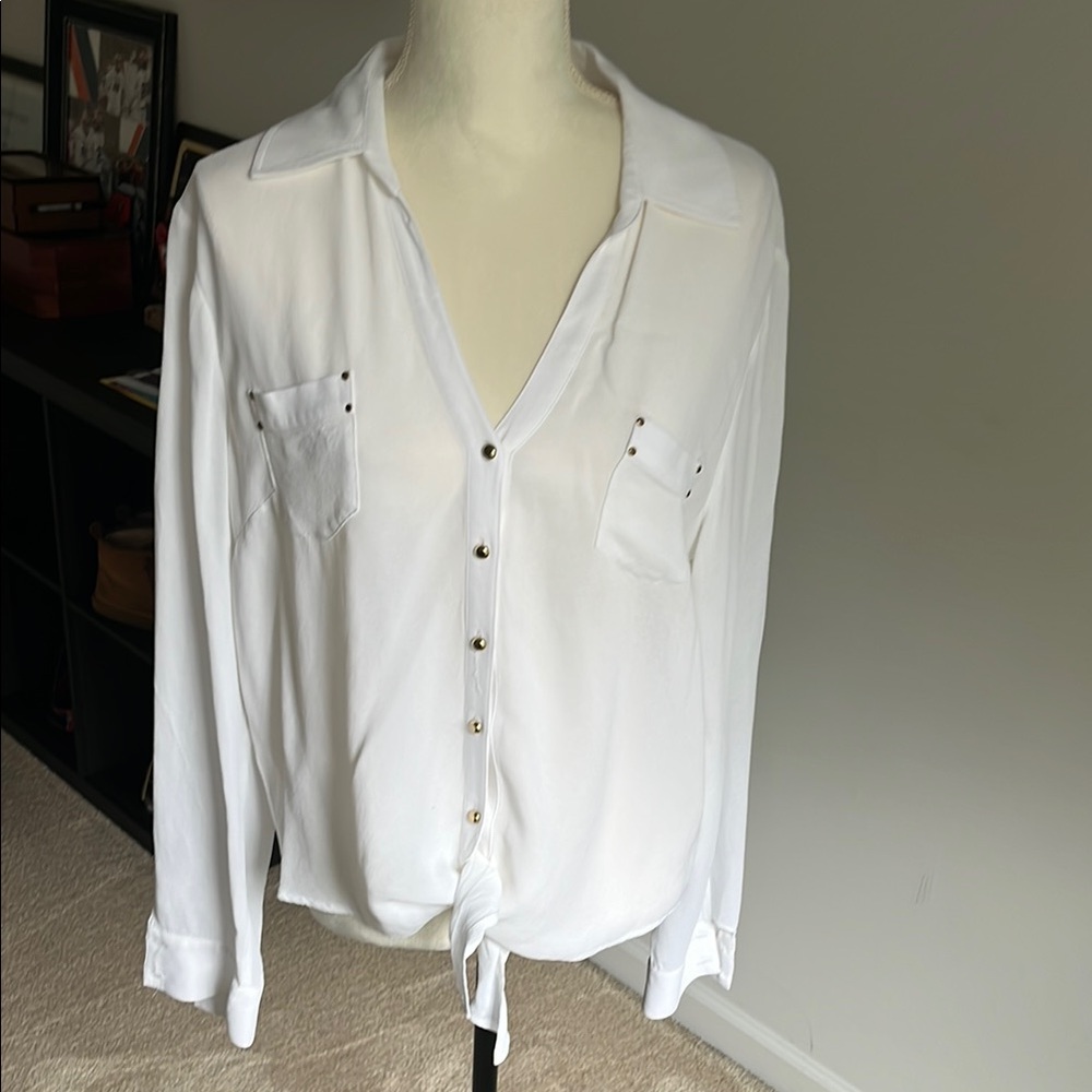 Chic White Button-Up Shirt with Tie Front